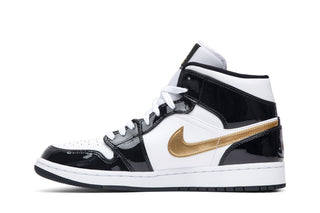 Jordan 1 Mid Patent Black White Gold